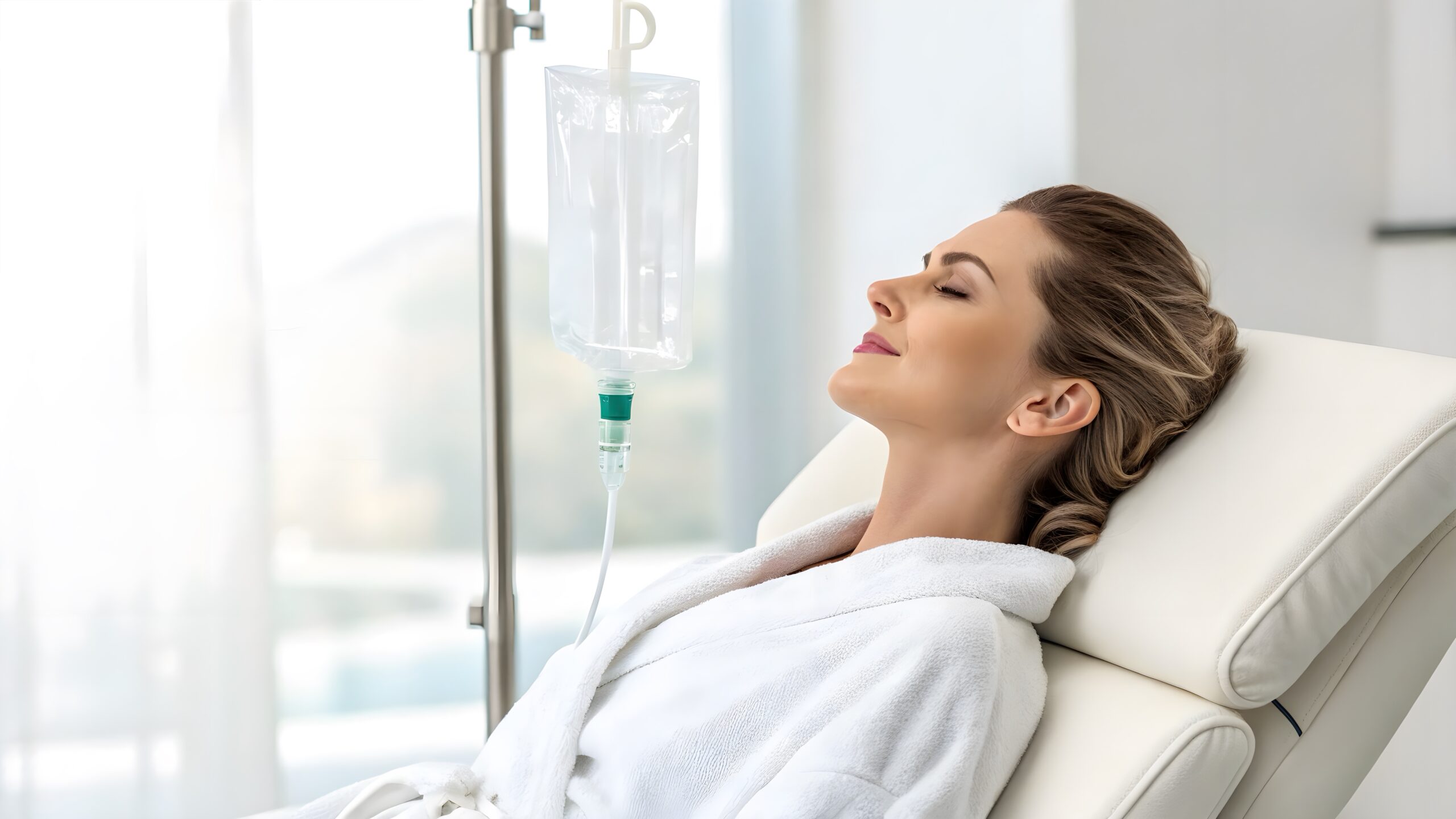 Luxury wellness photo showing infusion therapy with beauty-enhancing serum bag